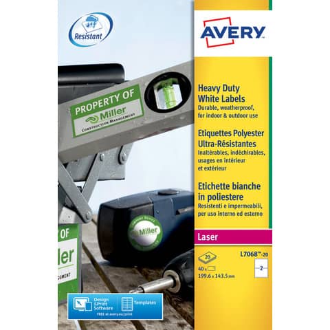 Etichette adesive extra strong L7068 - in poliestere - laser - permanenti - 199,6 x 143,5 mm - 2 et/fg - 20 fogli - bianco - Avery