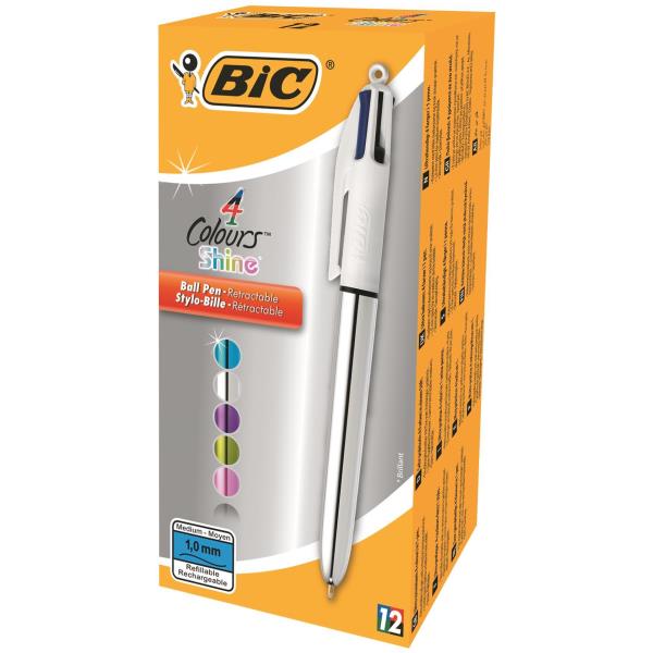 Penna a sfera a scatto multifunzione 4 Colors Shine - punta 1,0 mm - fusto silver - Bic - conf. 12 pezzi