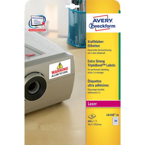 Etichette adesive extra strong L6140 - in poliestere - laser - permanenti - 45,7 x 25,4 mm - 40 et/fg - 20 fogli - bianco - Avery