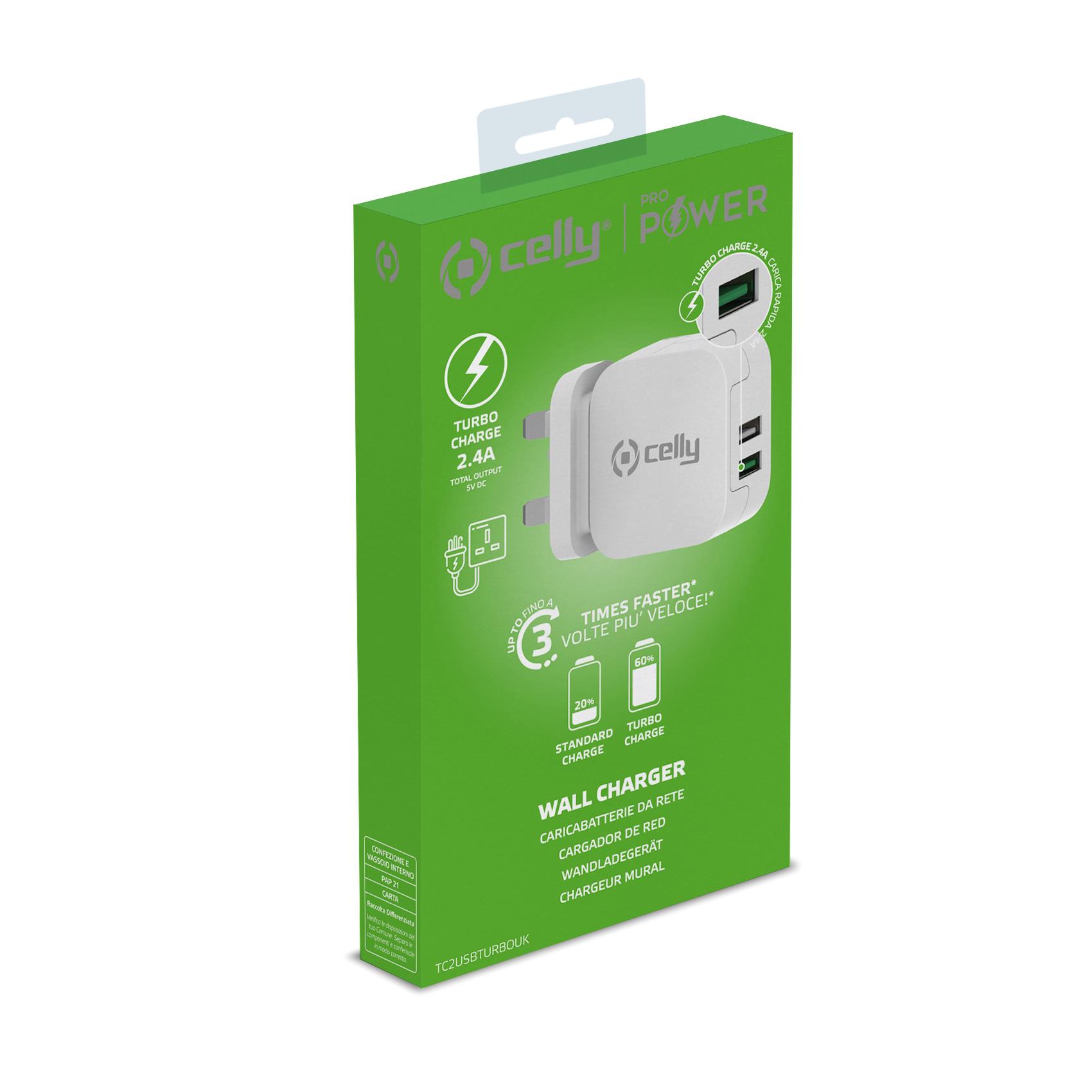 Celly Turbo - Alimentatore - 17 Watt - 3.4 A - 2 connettori di uscita (USB) - bianco - Regno Unito