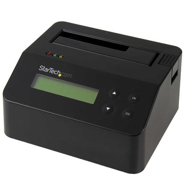StarTech.com Docking Station per Hard Disk a Singolo Slot - Dock USB 3.0 Standalone con funzione Eraser e Sanificazione per HDD/SSD SATA II, 9 Modalità di Cancellazione - Display LCD, Porta Stampante DB-9 - TAA, Gomma per dischi, Unità disco ottico, Nero, 123 mm, 140 mm, 70 mm