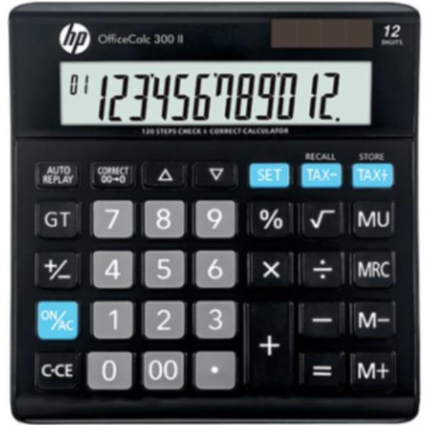 Calcolatrice da tavolo HP OfficeCalc 300 II con display LCD inclinato e alimentazione solare/batteria.