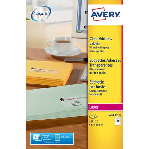 Etichette adesive L7560 - in poliestere - laser - permanenti - 63,5 x 38,1 mm - 21 et/fg - 25 fogli - trasparente - Avery