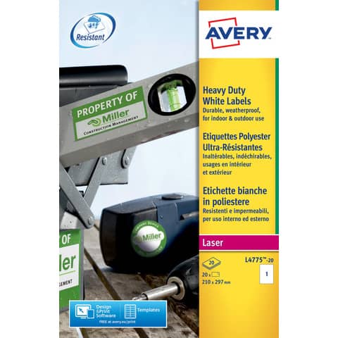 Etichette adesive L4775 - in poliestere - laser - permanenti - 210 x 297 mm - 1 et/fg - 20 fogli - bianco - Avery