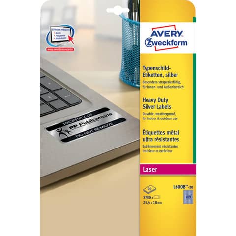 Etichette adesive L6008 - in poliestere - laser - permanenti - 24,5 x 10 mm - 189 et/fg - 20 fogli - argento - Avery