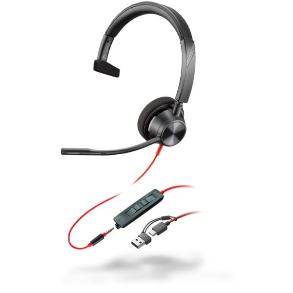 Poly Blackwire 3315 - Blackwire 3300 series - cuffie con microfono - over ear - cablato - eliminazione rumore attivata - jack 3,5 mm, USB-C - nero - certificato UC